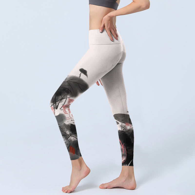 Pantalones de yoga para mujer con estampado de hojas y flores de loto y pintura en tinta de Buddha Stones - image 3