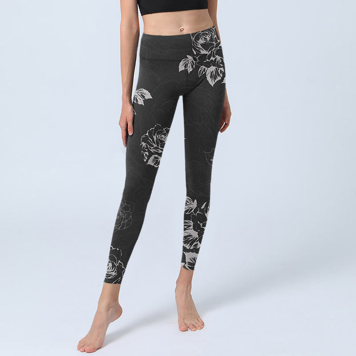 Leggings de fitness para gimnasio con estampado de flores de peonía y rosas grises y Buddha Stones , pantalones de yoga para mujer - image 6