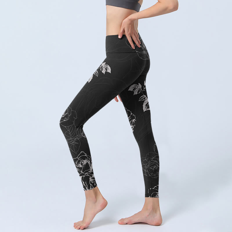 Leggings de fitness para gimnasio con estampado de flores de peonía y rosas grises y Buddha Stones , pantalones de yoga para mujer - image 3