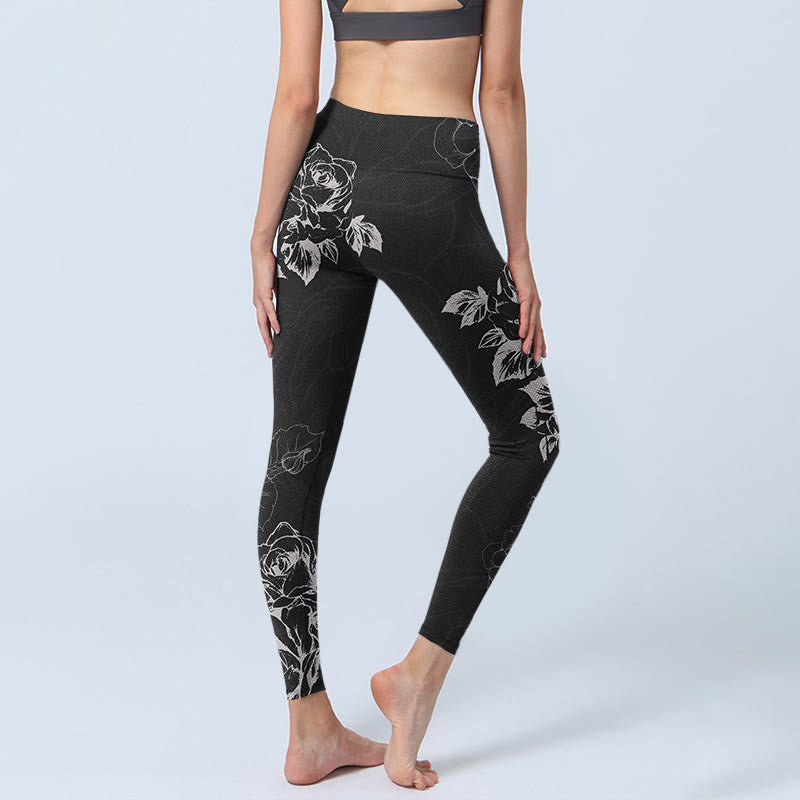 Leggings de fitness para gimnasio con estampado de flores de peonía y rosas grises y Buddha Stones , pantalones de yoga para mujer - image 5