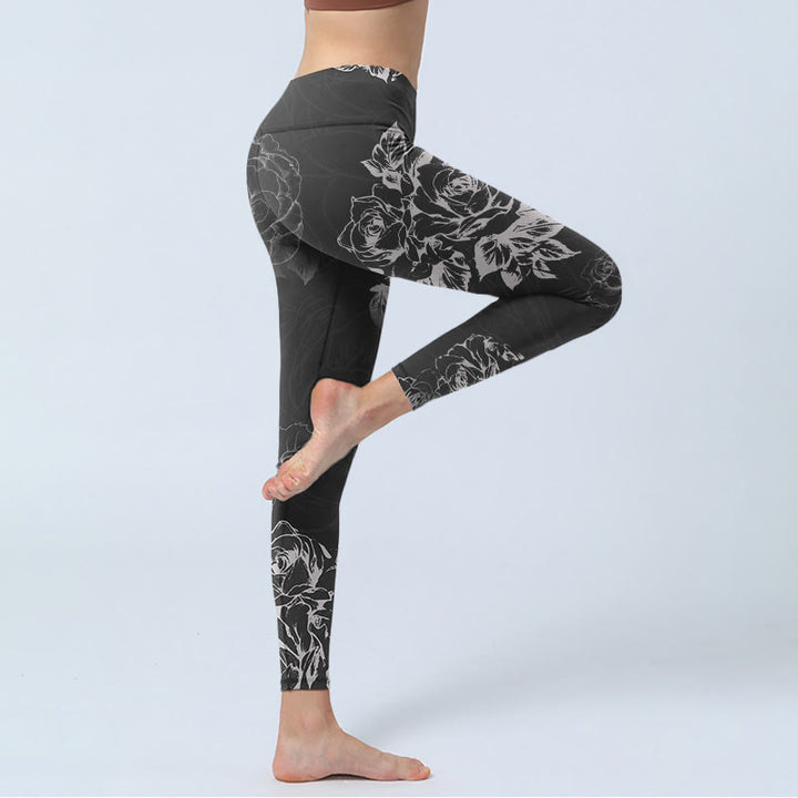 Leggings de fitness para gimnasio con estampado de flores de peonía y rosas grises y Buddha Stones , pantalones de yoga para mujer - image 4