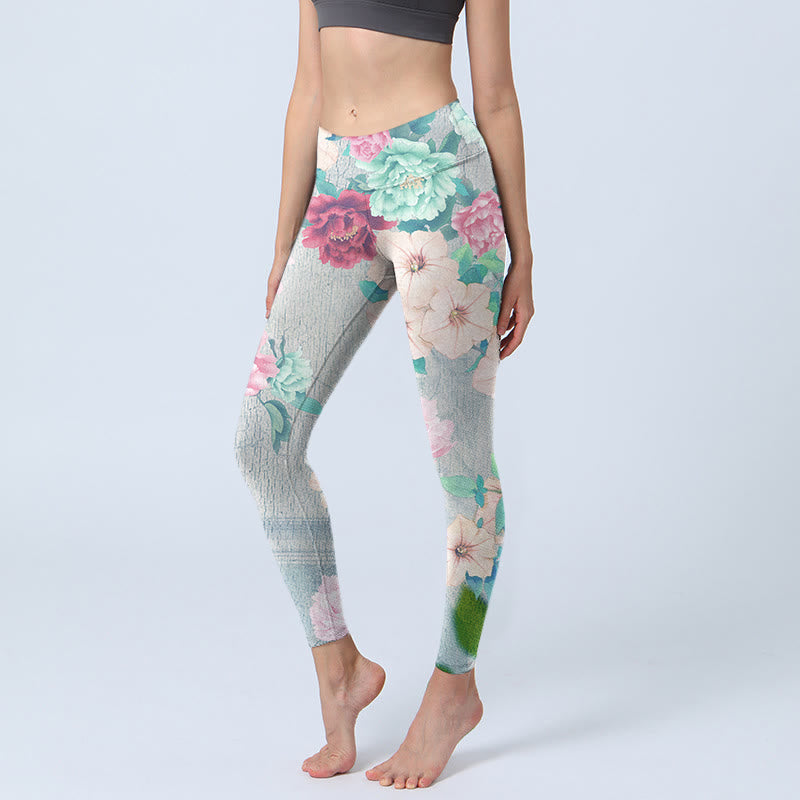 Leggings de fitness para gimnasio con estampado de flores de peonía coloridas y Buddha Stones para mujer - Humo blanco - US18,UK/AU22,EU50 (4XL) - image 1