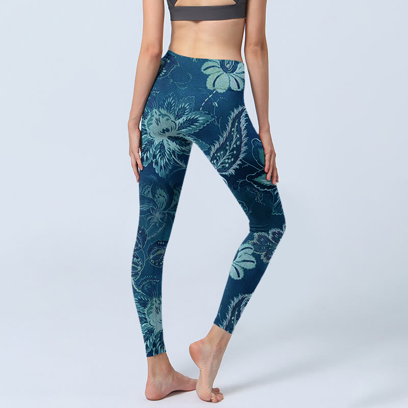 Leggings deportivos de fitness con estampado de flores azules y Buddha Stones para mujer - image 5