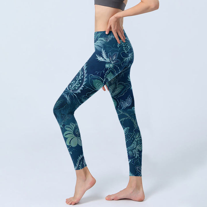 Leggings deportivos de fitness con estampado de flores azules y Buddha Stones para mujer - image 3