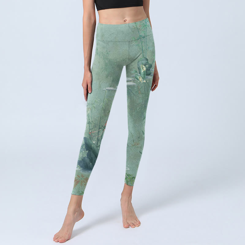 Leggings deportivos de fitness con estampado de piedras de bambú verde y Buddha Stones para mujer - image 6