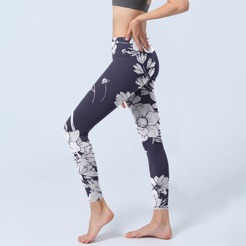 Leggings deportivos de fitness con estampado de flores y Buddha Stones para mujer - image 3