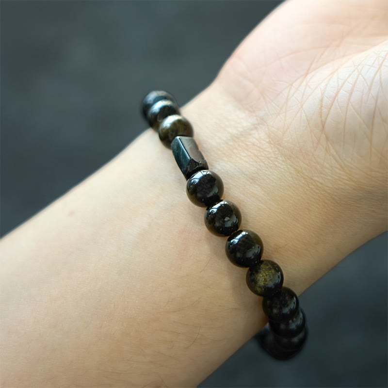Pulsera de riqueza con turmalina negra y obsidiana con brillo dorado y Buddha Stones