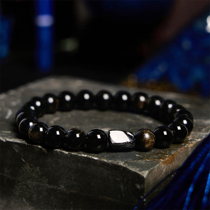 Pulsera de riqueza con turmalina negra y obsidiana con brillo dorado y Buddha Stones