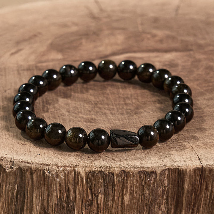 Pulsera de riqueza con turmalina negra y obsidiana con brillo dorado y Buddha Stones