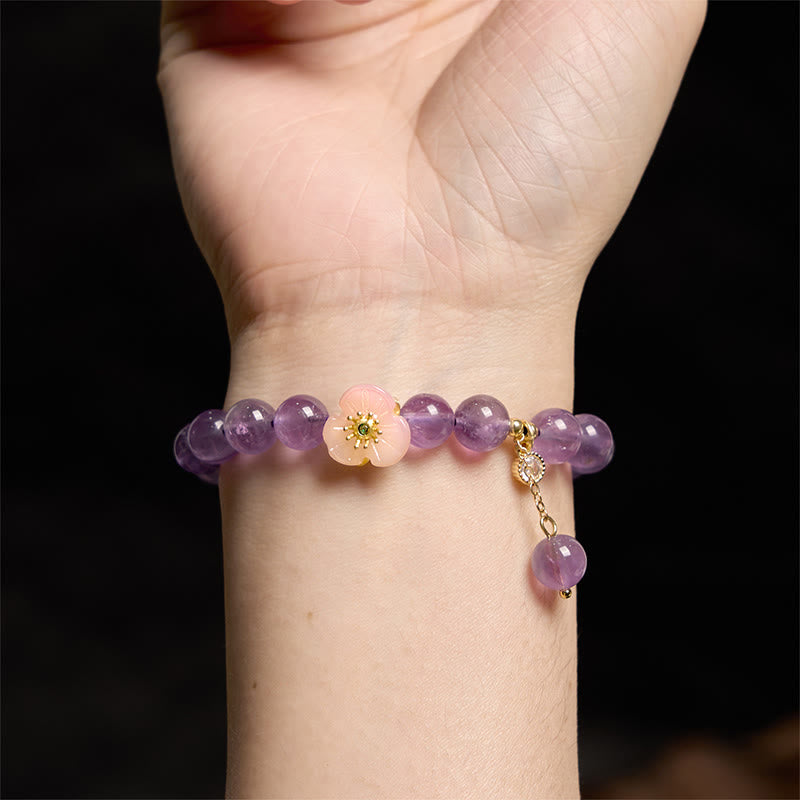 Pulsera de meditación de la fortuna con amatista y flor de durazno y piedras de Buddha Stones