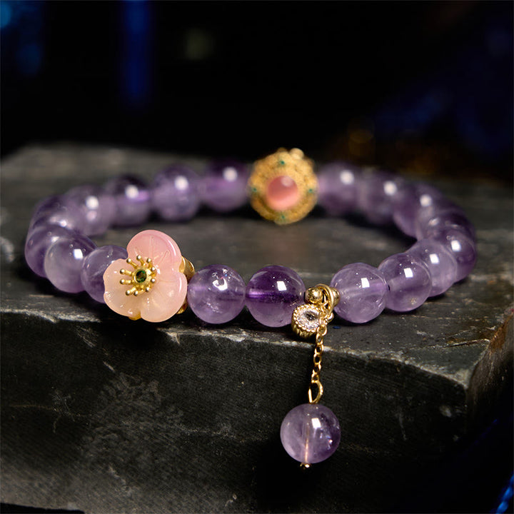 Pulsera de meditación de la fortuna con amatista y flor de durazno y piedras de Buddha Stones