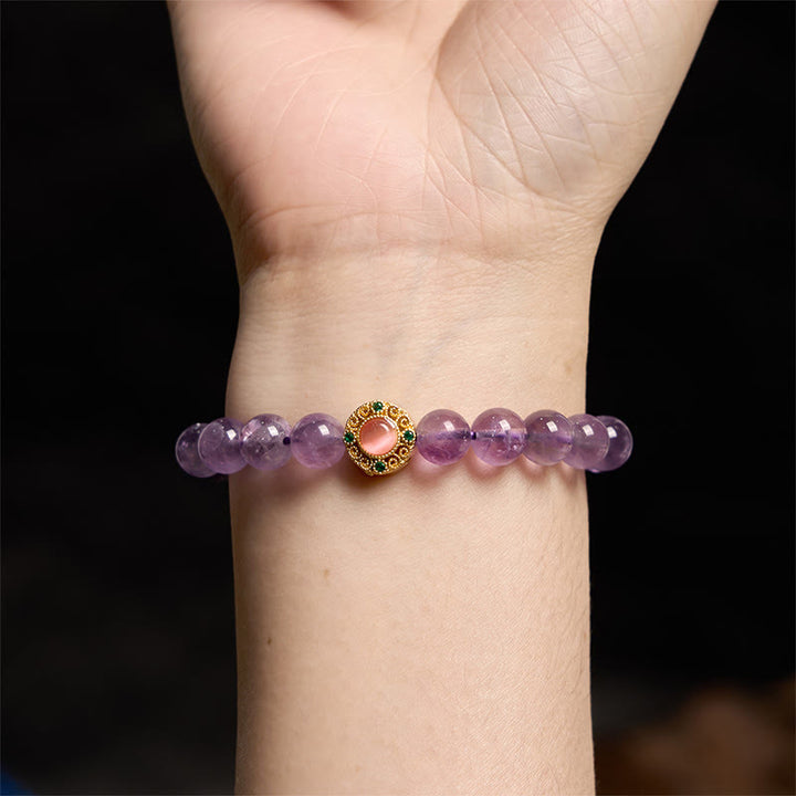 Pulsera de meditación de la fortuna con amatista y flor de durazno y piedras de Buddha Stones