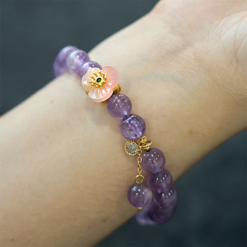 Pulsera de meditación de la fortuna con amatista y flor de durazno y piedras de Buddha Stones