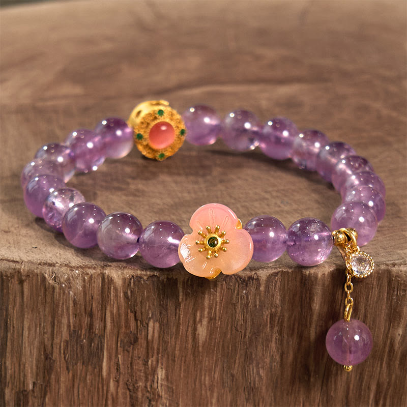 Pulsera de meditación de la fortuna con amatista y flor de durazno y piedras de Buddha Stones
