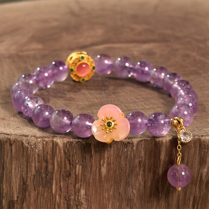 Pulsera de meditación de la fortuna con amatista y flor de durazno y piedras de Buddha Stones