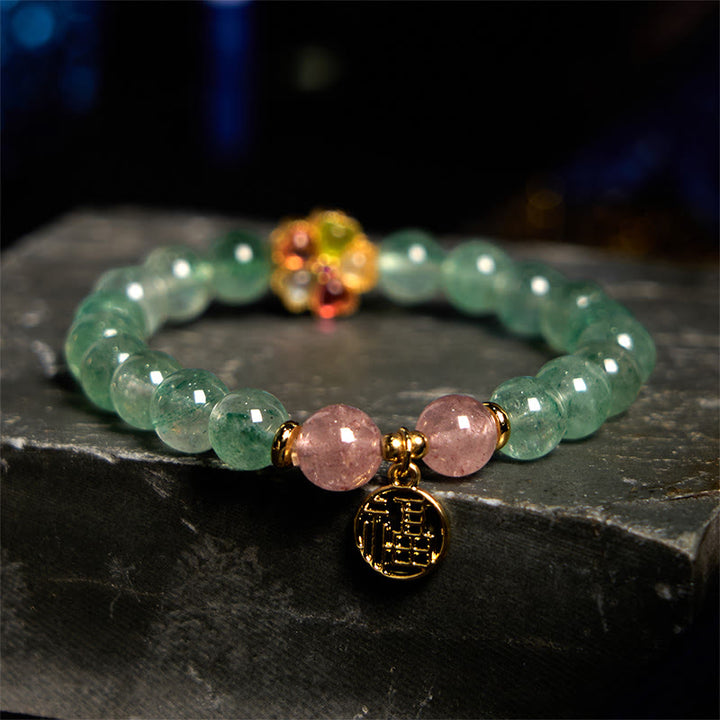Pulsera con carácter Fu relajante de cuarzo fresa verde natural y Buddha Stones
