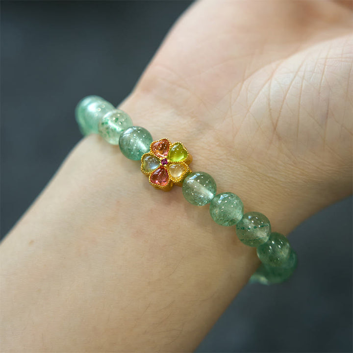 Pulsera con carácter Fu relajante de cuarzo fresa verde natural y Buddha Stones