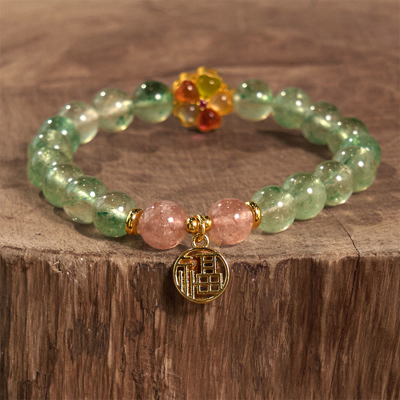 Pulsera con carácter Fu relajante de cuarzo fresa verde natural y Buddha Stones