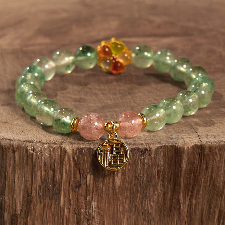 Pulsera con carácter Fu relajante de cuarzo fresa verde natural y Buddha Stones