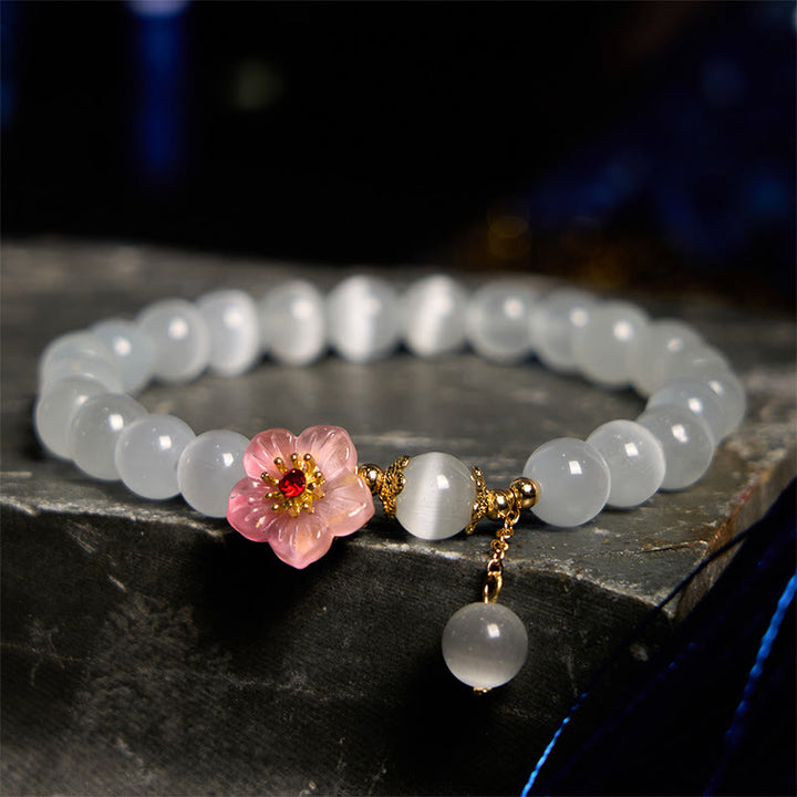 Pulsera de soporte con Buddha Stones, crisoberilo, ojo de gato y flores rosas