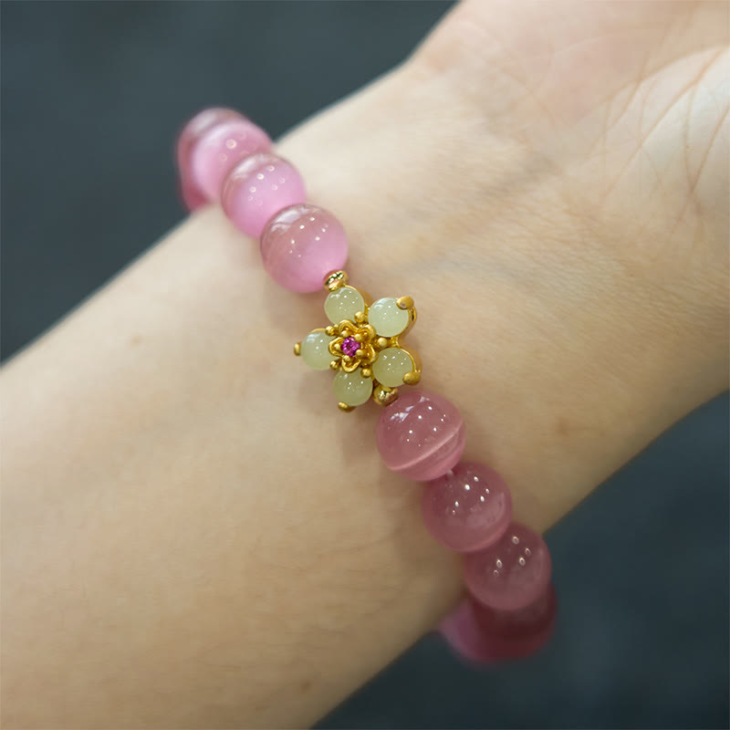 Pulsera de amor con flor de crisoberilo y ojo de gato con Buddha Stones