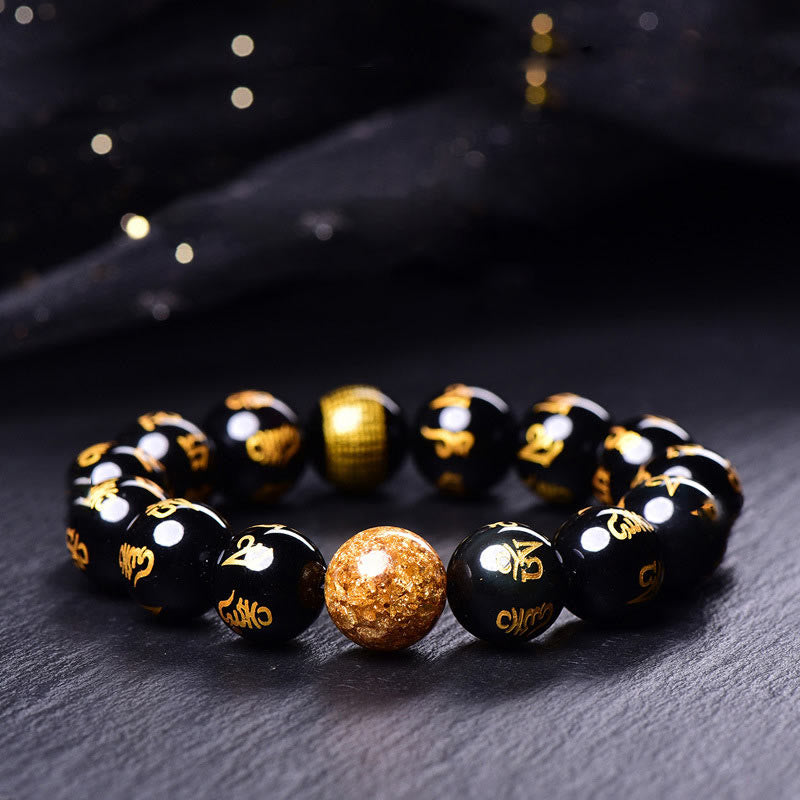 Pulsera creativa con seis palabras verdaderas de Buddha Stones , Om Mani Padme Hum, obsidiana arcoíris y lámina de oro