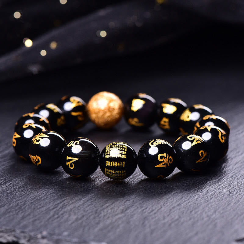Pulsera creativa con seis palabras verdaderas de Buddha Stones , Om Mani Padme Hum, obsidiana arcoíris y lámina de oro