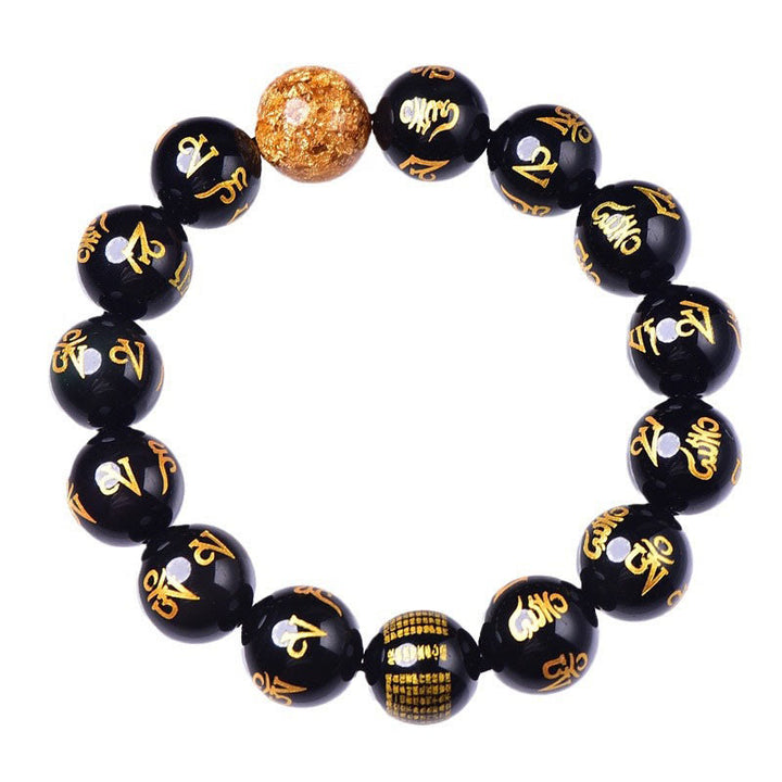 Pulsera creativa con seis palabras verdaderas de Buddha Stones , Om Mani Padme Hum, obsidiana arcoíris y lámina de oro