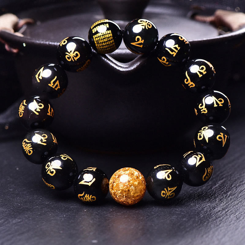 Pulsera creativa con seis palabras verdaderas de Buddha Stones , Om Mani Padme Hum, obsidiana arcoíris y lámina de oro