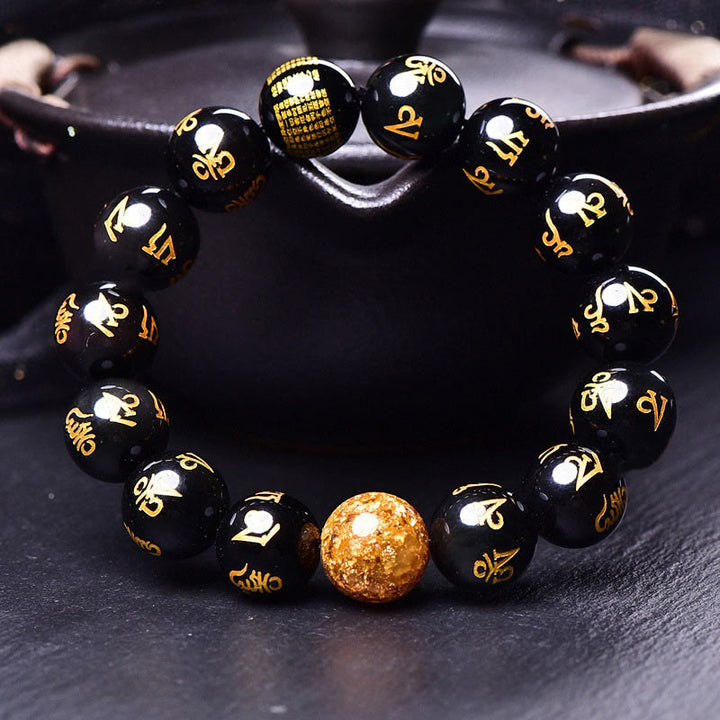 Pulsera creativa con seis palabras verdaderas de Buddha Stones , Om Mani Padme Hum, obsidiana arcoíris y lámina de oro