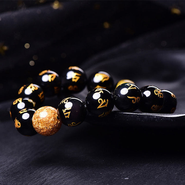 Pulsera creativa con seis palabras verdaderas de Buddha Stones , Om Mani Padme Hum, obsidiana arcoíris y lámina de oro