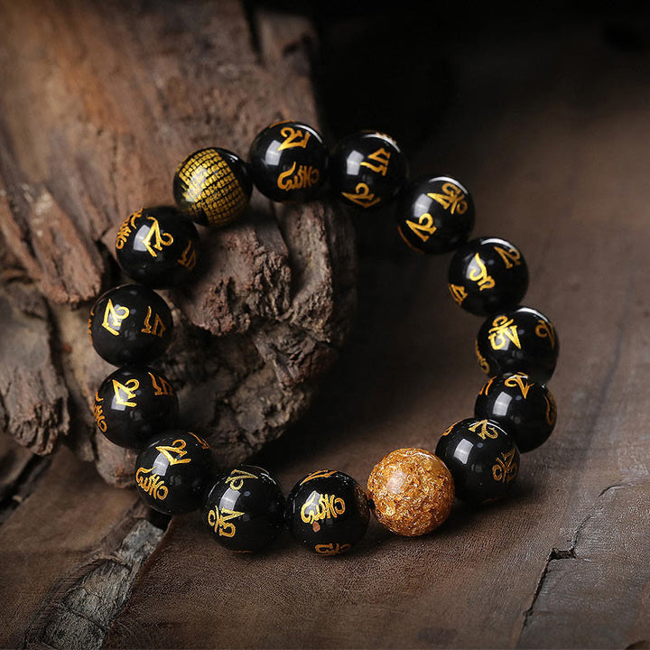 Pulsera creativa con seis palabras verdaderas de Buddha Stones , Om Mani Padme Hum, obsidiana arcoíris y lámina de oro