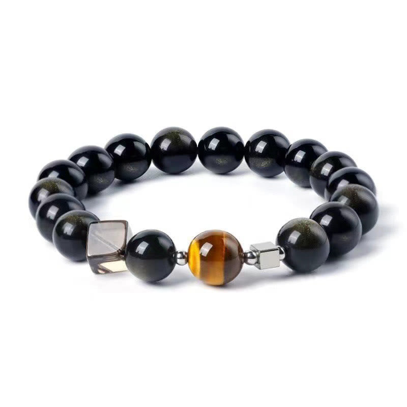 Pulsera de fuerza con obsidiana negra, ojo de águila y obsidiana dorada con brillo y ojo de tigre