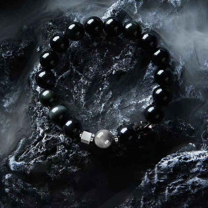 Pulsera de fuerza con obsidiana negra, ojo de águila y obsidiana dorada con brillo y ojo de tigre