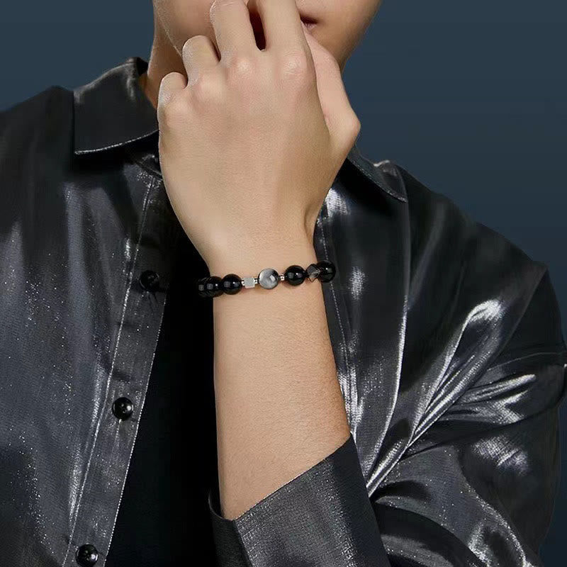 Pulsera de fuerza con obsidiana negra, ojo de águila y obsidiana dorada con brillo y ojo de tigre