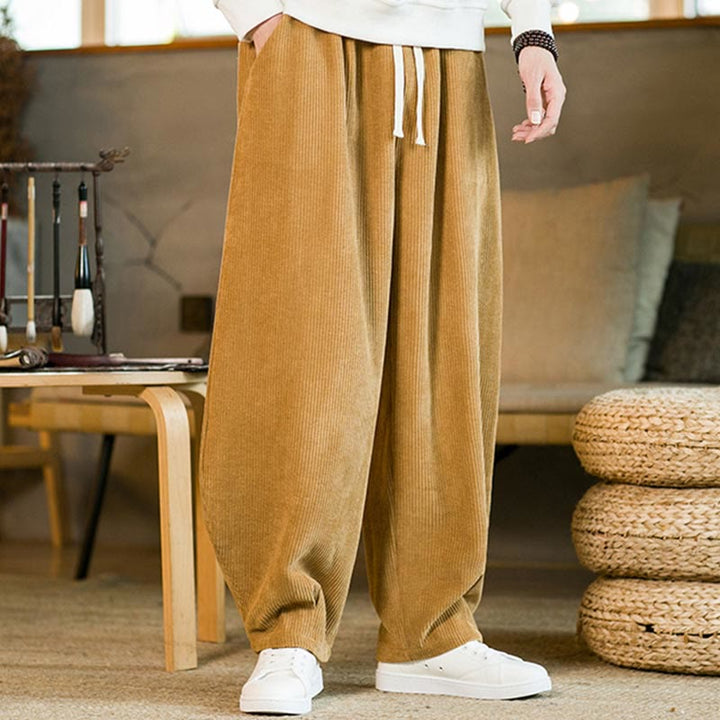 Pantalones harén de pana con cordón y bolsillos para otoño e invierno de Buddha Stones para hombre - image 1