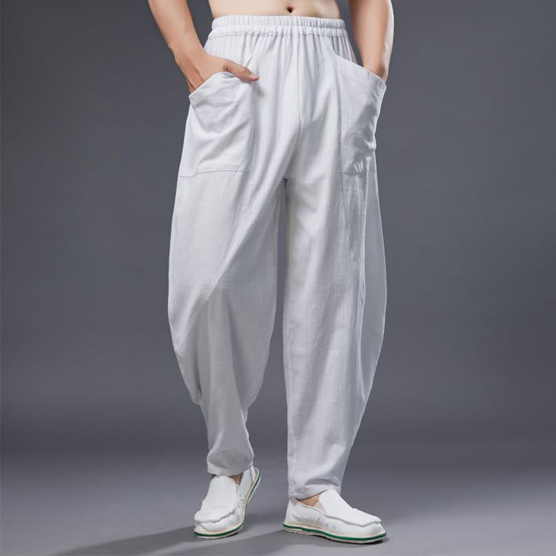 Pantalones harén de lino y algodón con ramio de color liso con cintura elástica y bolsillos para hombre de Buddha Stones