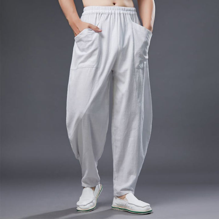 Pantalones harén de lino y algodón con ramio de color liso con cintura elástica y bolsillos para hombre de Buddha Stones
