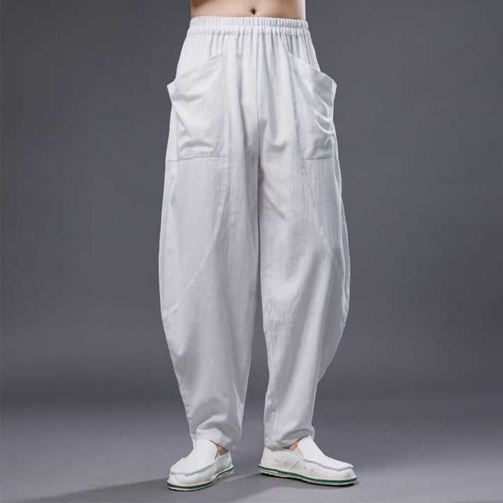 Pantalones harén de lino y algodón con ramio de color liso con cintura elástica y bolsillos para hombre de Buddha Stones