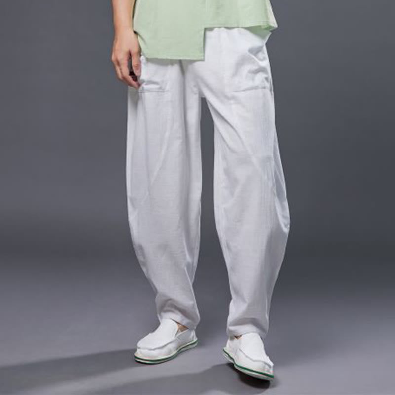 Pantalones harén de lino y algodón con ramio de color liso con cintura elástica y bolsillos para hombre de Buddha Stones