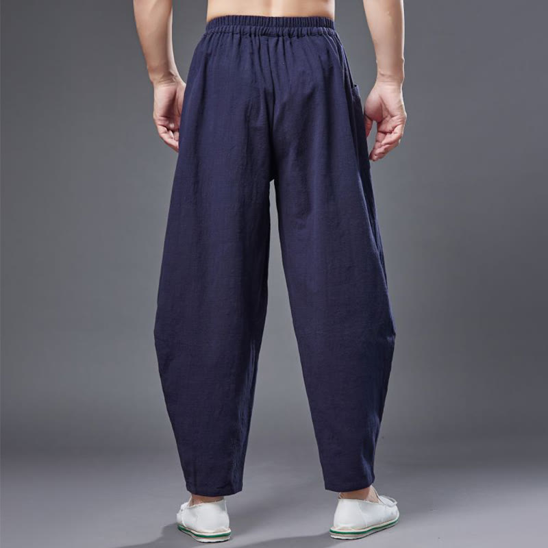 Pantalones harén de lino y algodón con ramio de color liso con cintura elástica y bolsillos para hombre de Buddha Stones