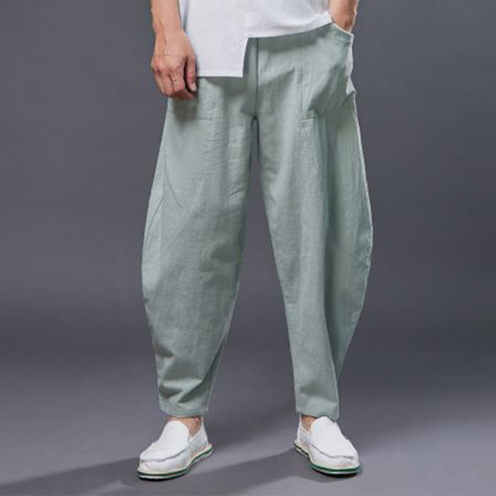 Pantalones harén de lino y algodón con ramio de color liso con cintura elástica y bolsillos para hombre de Buddha Stones
