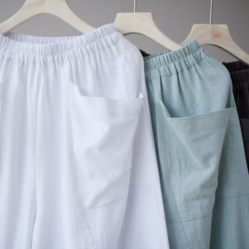 Pantalones harén de lino y algodón con ramio de color liso con cintura elástica y bolsillos para hombre de Buddha Stones