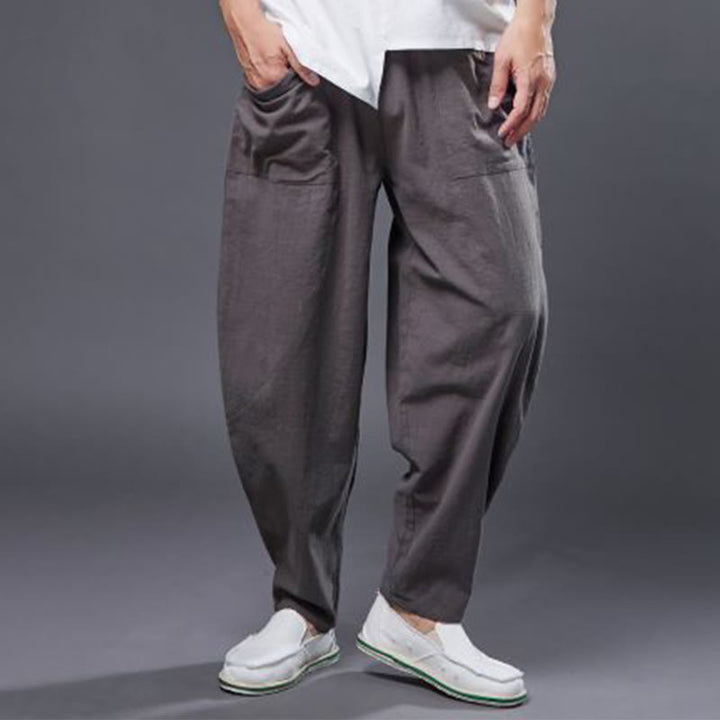Pantalones harén de lino y algodón con ramio de color liso con cintura elástica y bolsillos para hombre de Buddha Stones