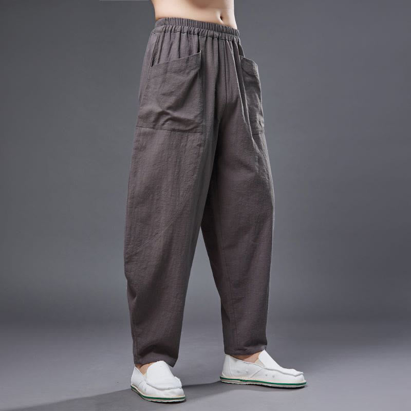 Pantalones harén de lino y algodón con ramio de color liso con cintura elástica y bolsillos para hombre de Buddha Stones