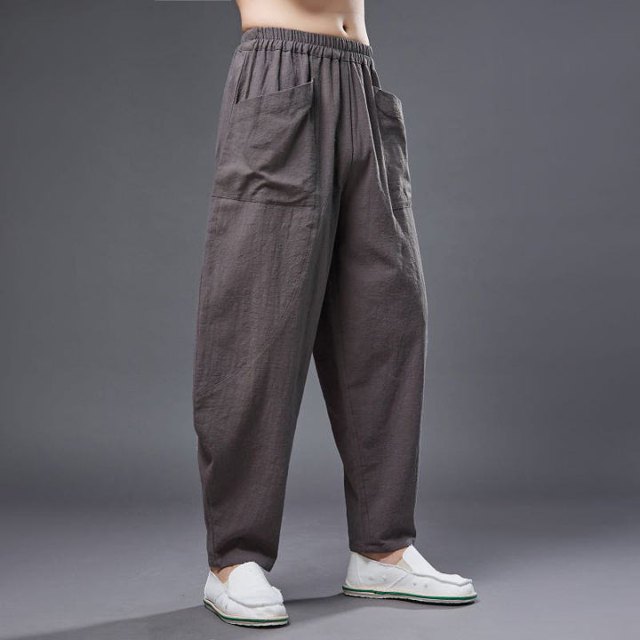 Pantalones harén de lino y algodón con ramio de color liso con cintura elástica y bolsillos para hombre de Buddha Stones