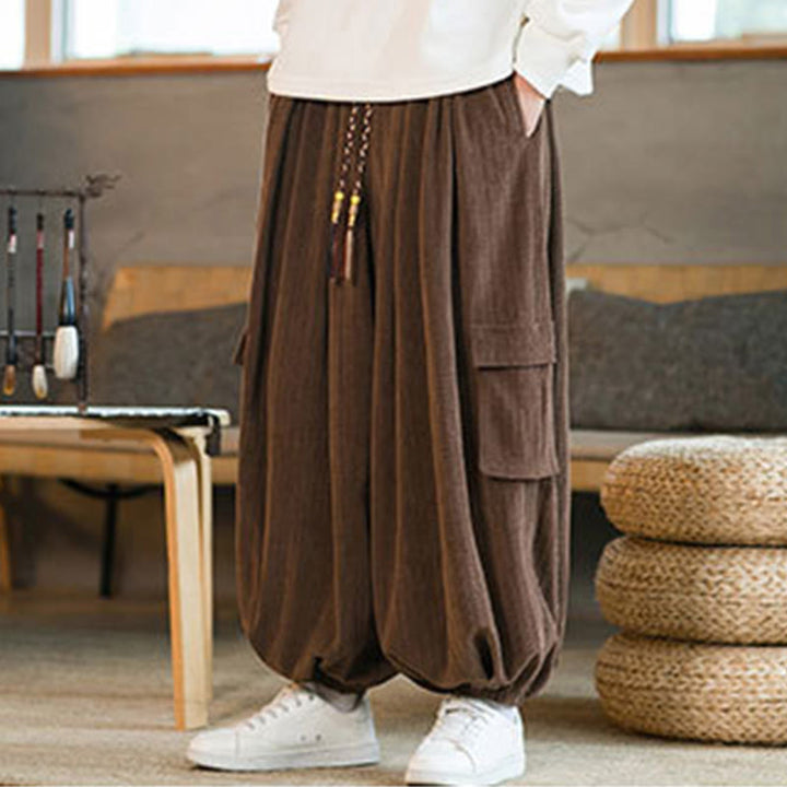 Pantalones cargo de pana de chenilla con cordón y bolsillos para hombre de Buddha Stones para otoño e invierno - image 21