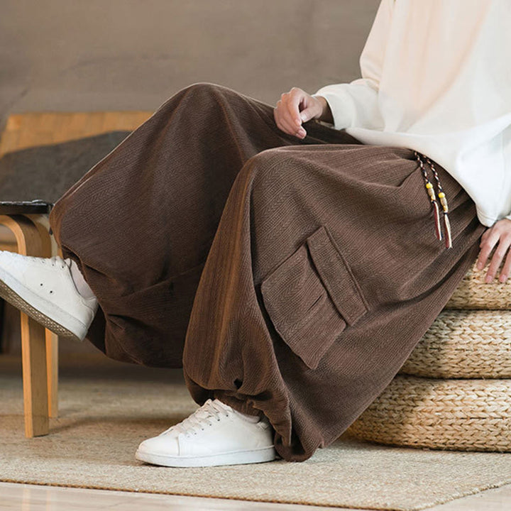 Pantalones cargo de pana de chenilla con cordón y bolsillos para hombre de Buddha Stones para otoño e invierno - image 24