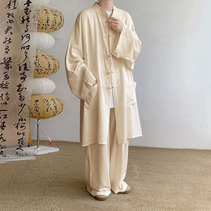 Conjunto de 2 Buddha Stones y pantalones de manga larga con botones de rana para hombre, de algodón, para meditación y zen - Trigo - US/UK/AU46, EU56 (5XL) - image 1