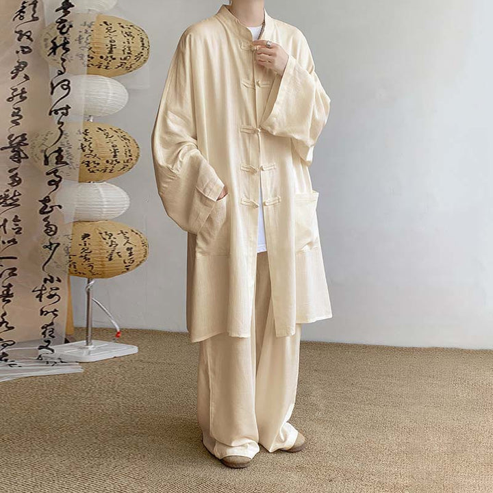 Conjunto de 2 Buddha Stones y pantalones de manga larga con botones de rana para hombre, de algodón, para meditación y zen - Trigo - US/UK/AU46, EU56 (5XL) - image 1